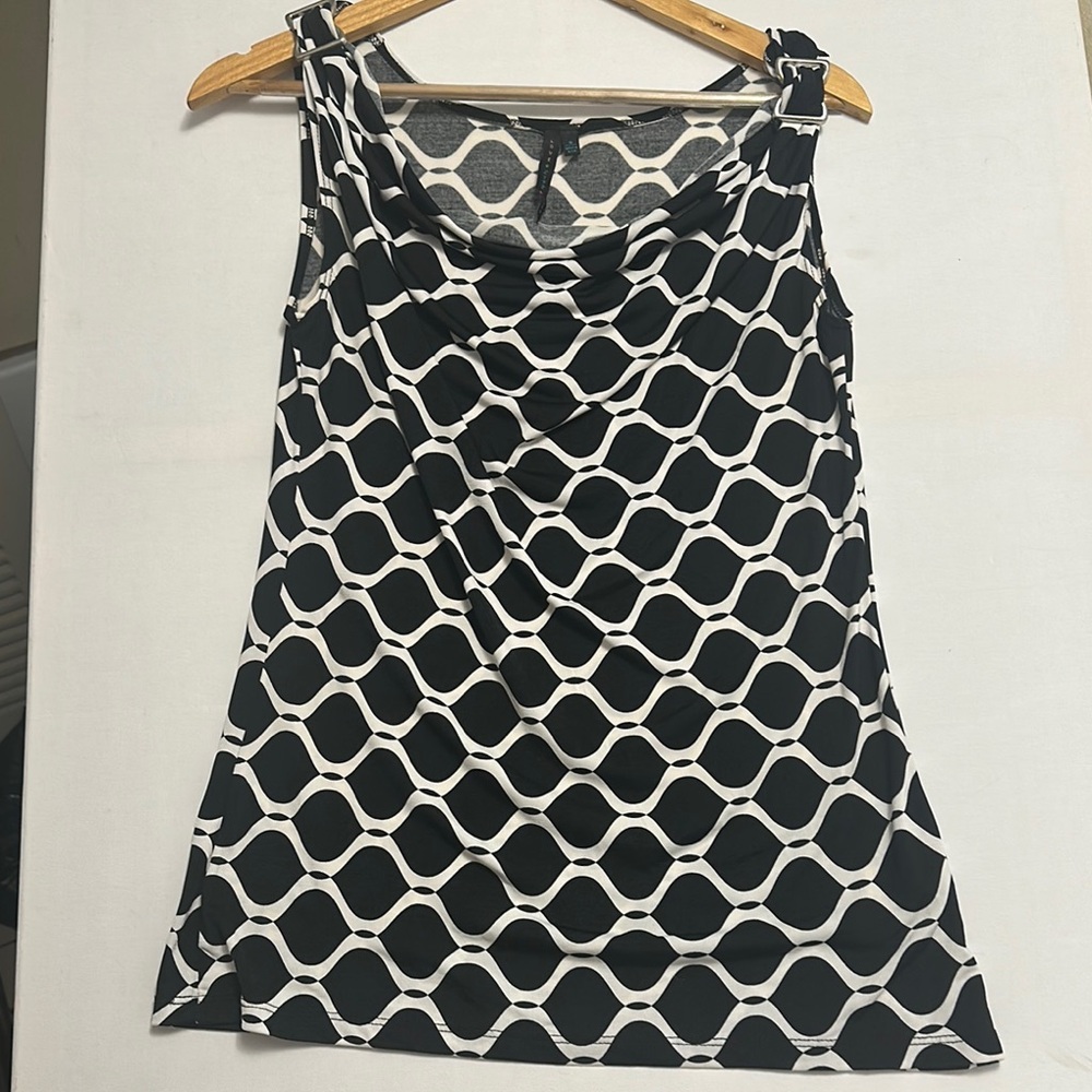Black and white ogee pattern cowl neck blouse size small